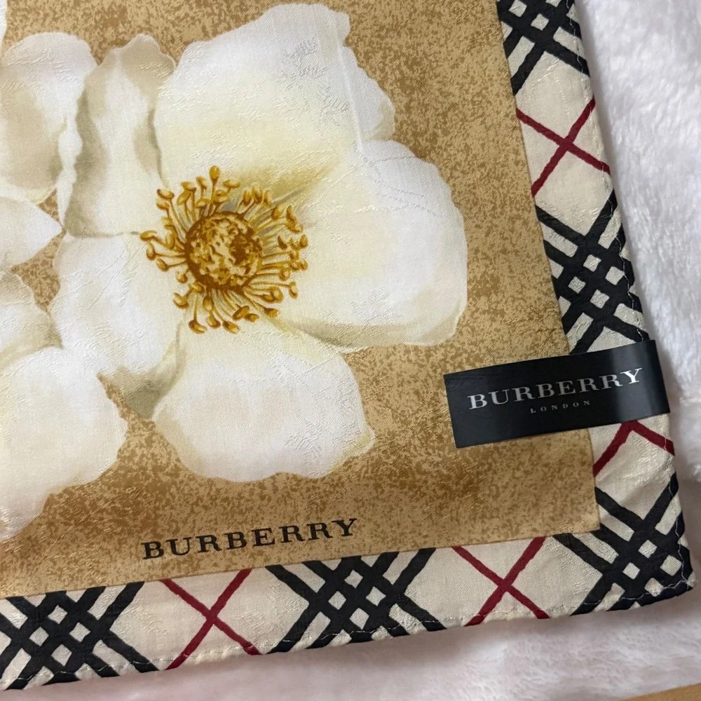 BURBERRY Scarf Handkerchief Floral Cotton Tan 19x19